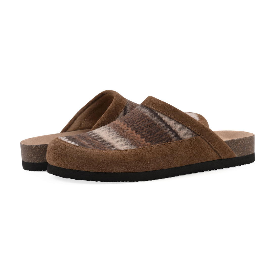 Angle view of a pair of brown and white multi felt and suede backless clogs with a black sole
