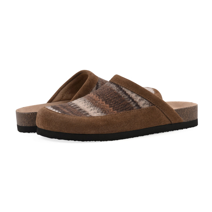 Angle view of a pair of brown and white multi felt and suede backless clogs with a black sole