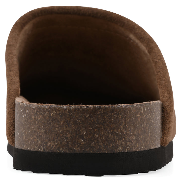 Rear view of a brown and white multi felt and suede backless clog with a black sole
