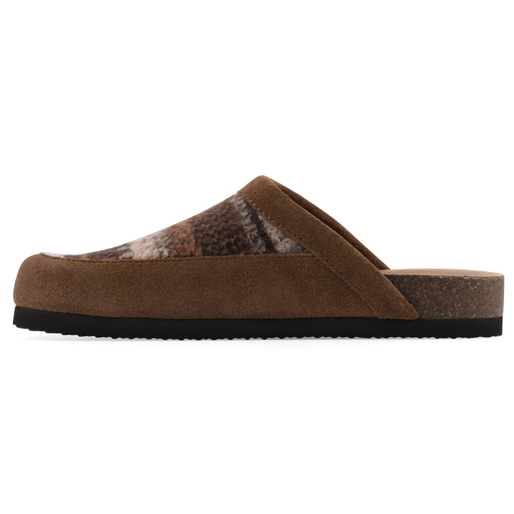 Side view of a brown and white multi felt and suede backless clog with a black sole