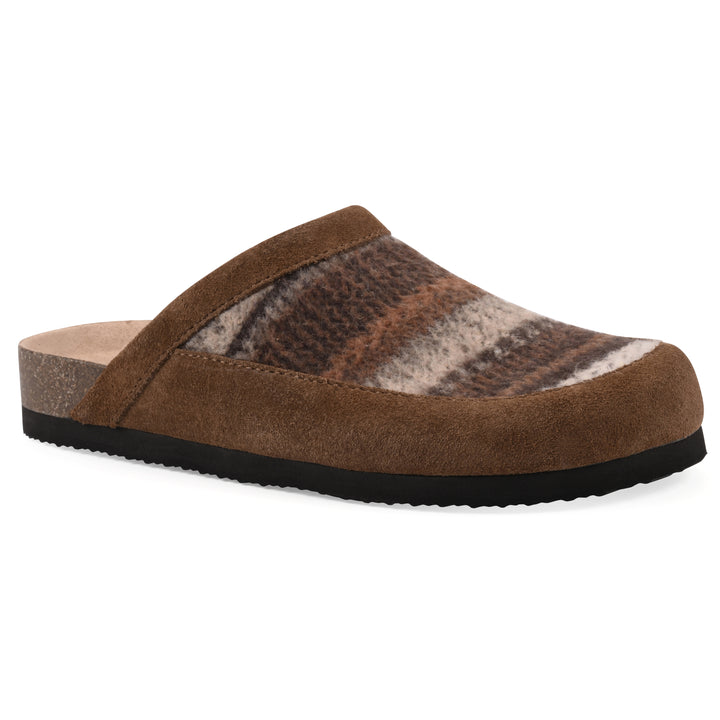 Angle view of a brown and white multi felt and suede backless clog with a black sole