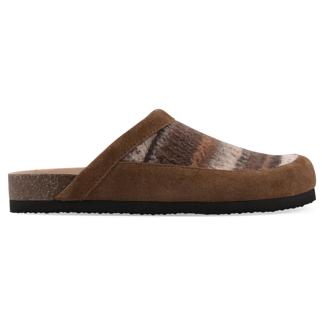 Side view of a brown and white multi felt and suede backless clog with a black sole