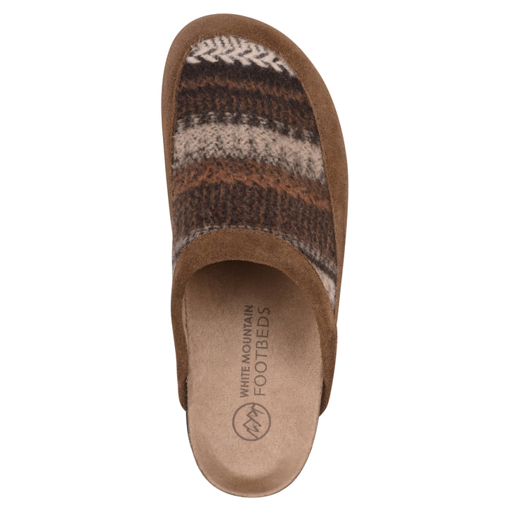 Top view of a brown and white multi felt and suede backless clog with a black sole