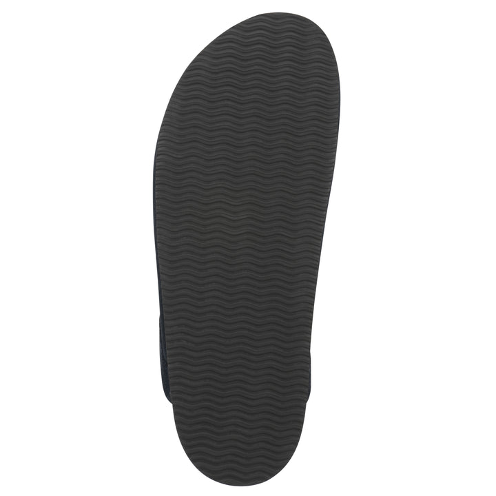 Sole view of a black and white multi felt and suede backless clog with a black sole