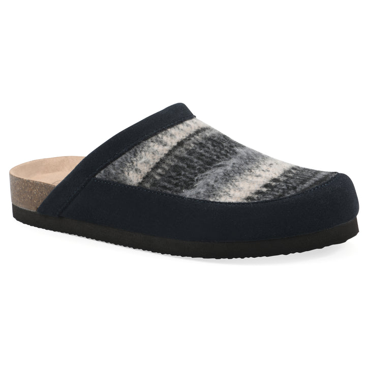 Angle view of a black and white multi felt and suede backless clog with a black sole