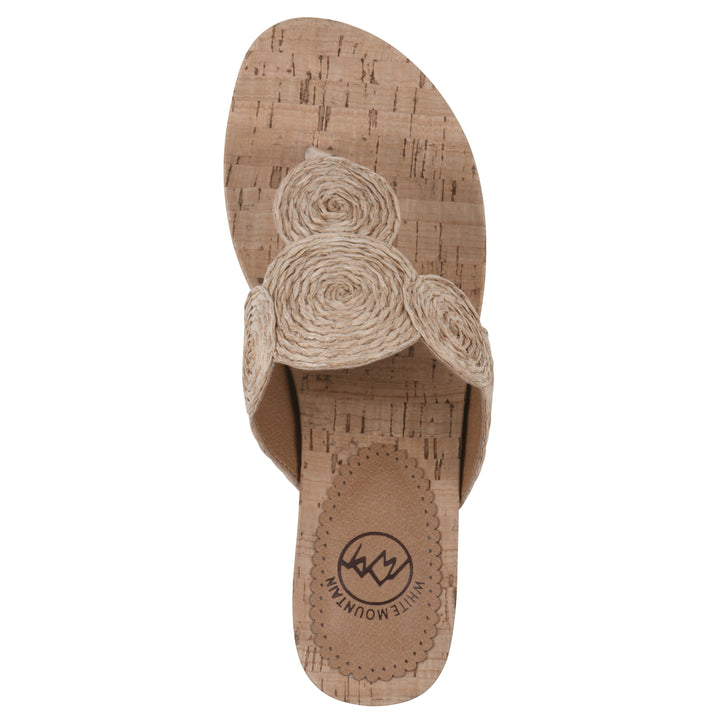 Top view of a cork print wedge sandal with natural cream raffia thong design 