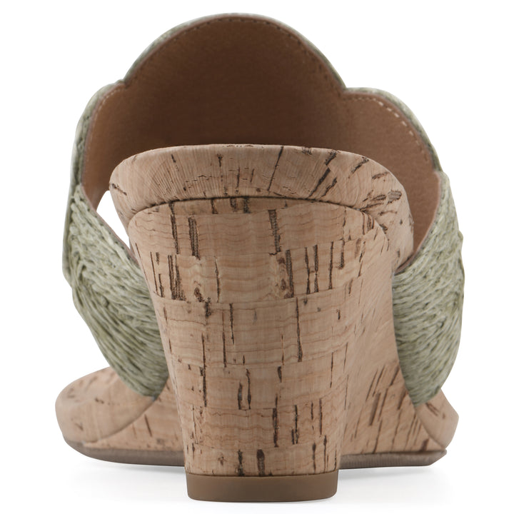 Rear view of a cork print wedge sandal with green raffia thong design 