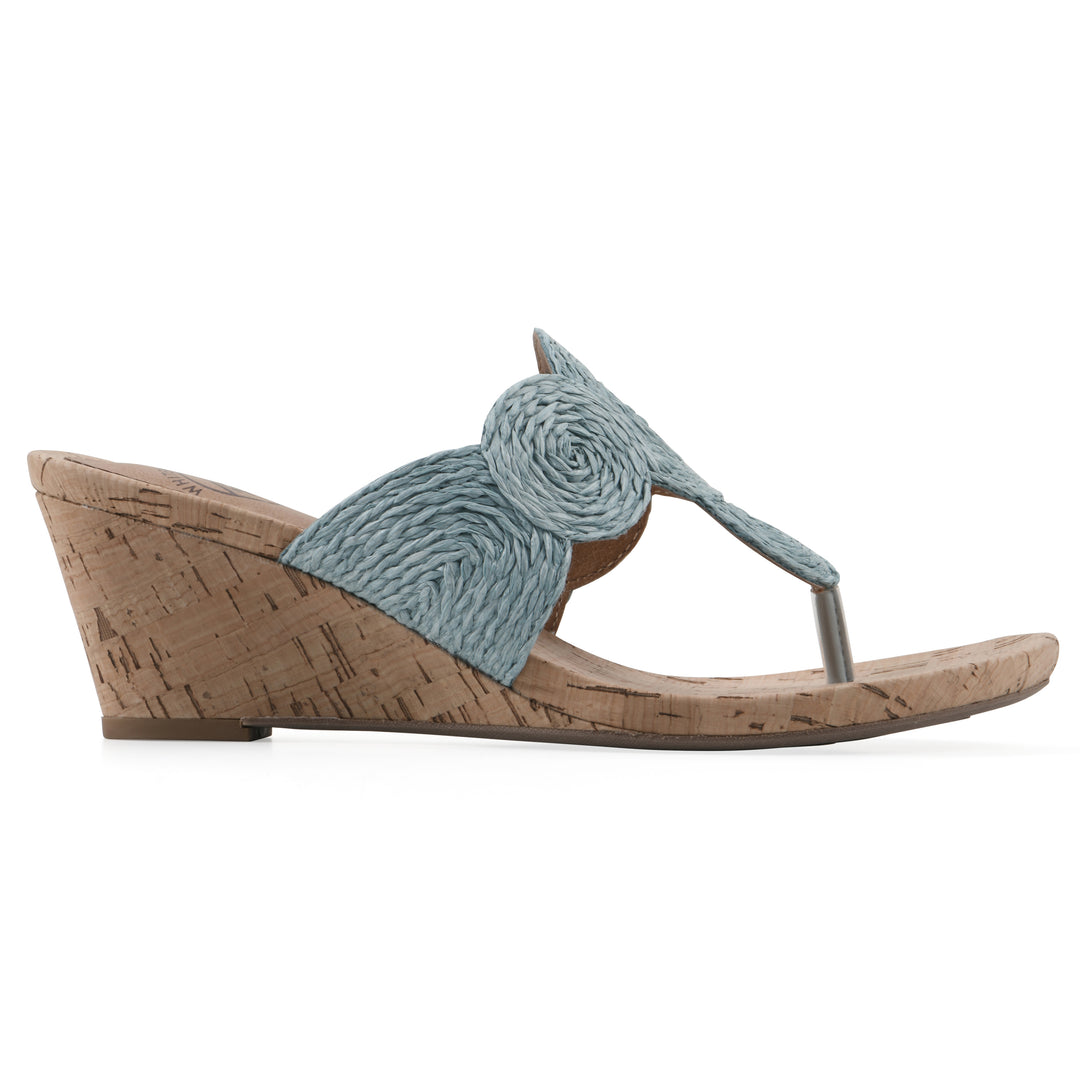 Side sandal with light blue raffia thong design 