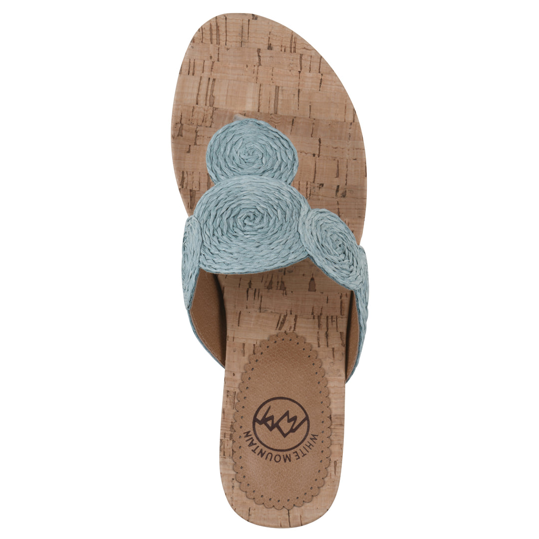 Top view of a cork print wedge sandal with light blue raffia thong design 