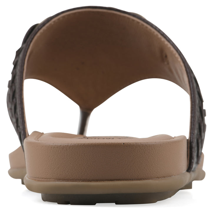Rear view of a brown thong sandal with metal embellishment and a brown sole