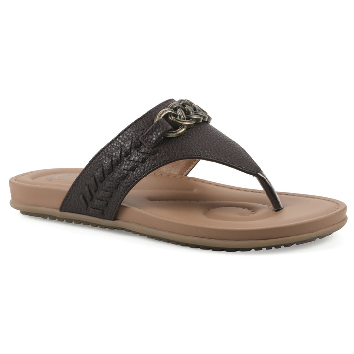 Angle view of a brown thong sandal with metal embellishment and a brown sole