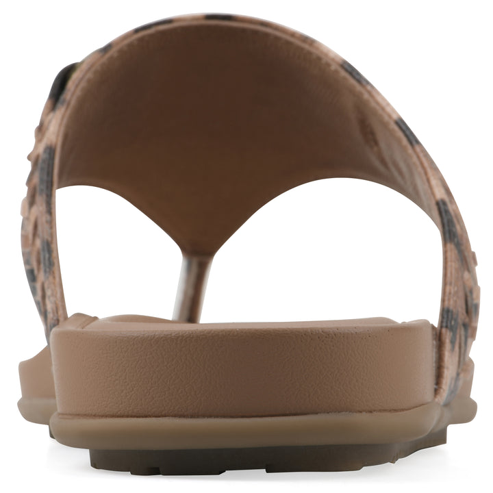 Rear view of a leopard print thong sandal with metal embellishment and a brown sole