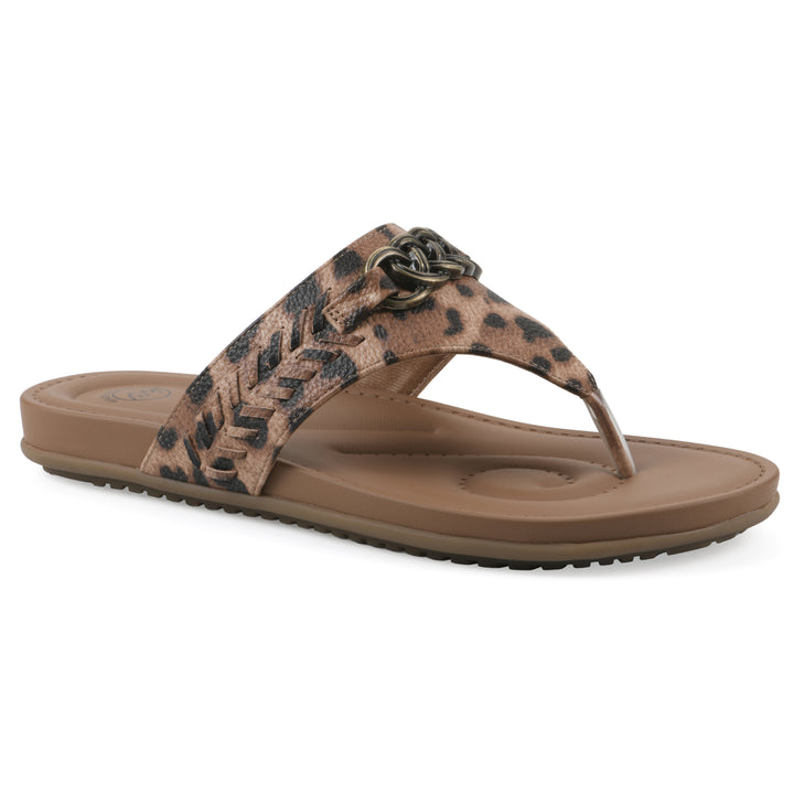 Angle view of a leopard print thong sandal with metal embellishment and a brown sole