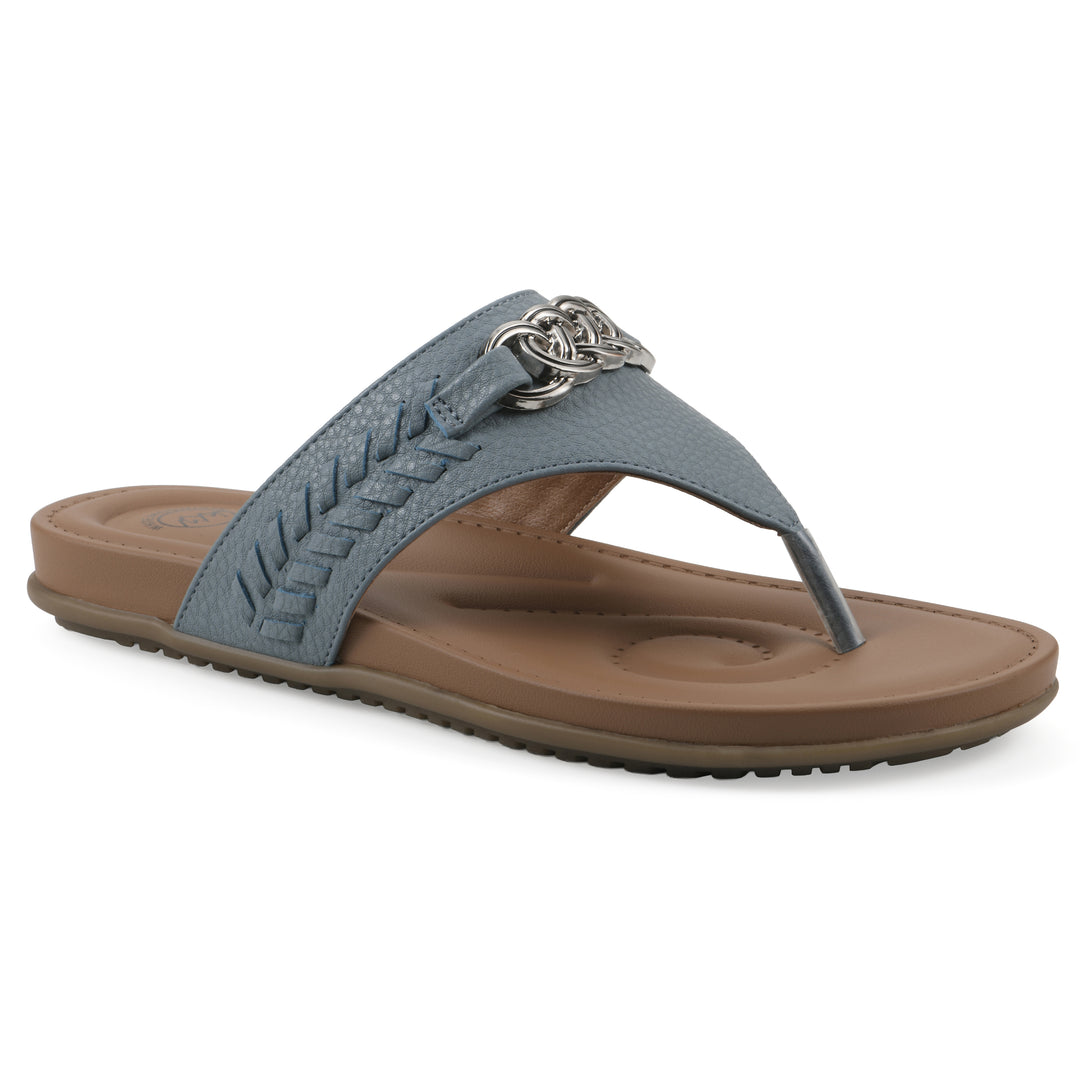 Angle view of a blue thong sandal with metal emblem and a brown sole