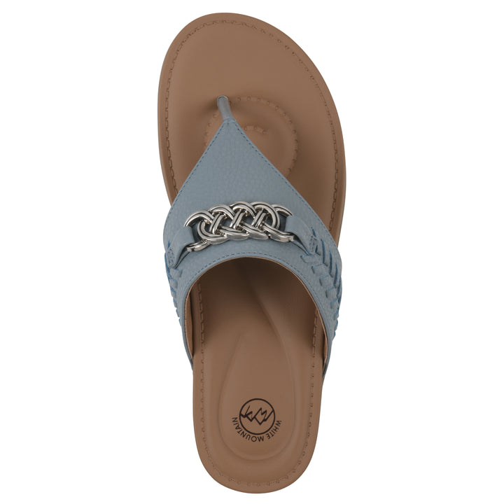 Top view of a blue thong sandal with metal embellishment and a brown sole