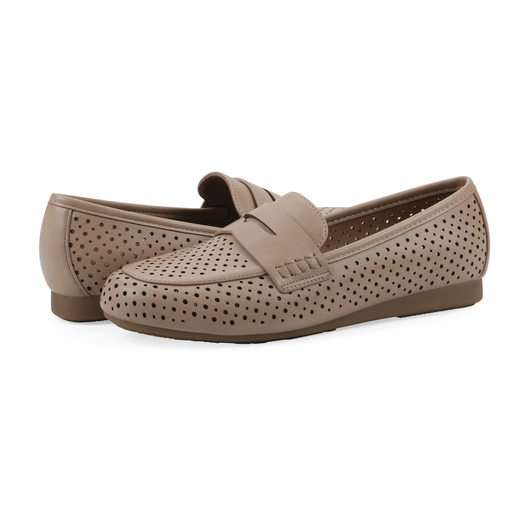 Angel view of a pair of beige perforated loafer shoe 