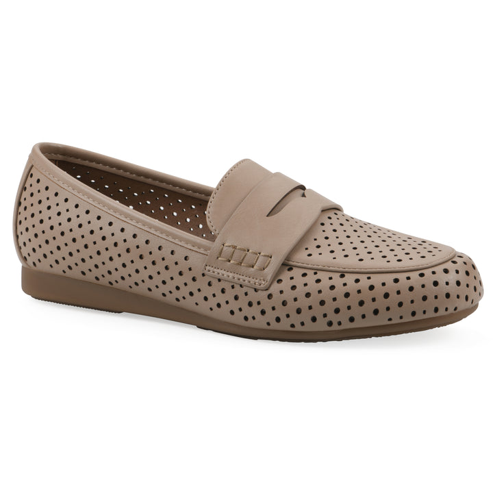 Angel view of a beige perforated loafer shoe 