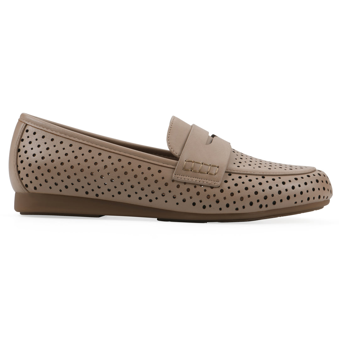 Side view of a beige perforated loafer shoe 