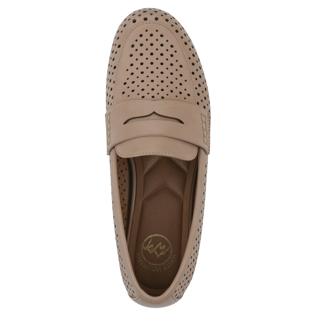Top view of a beige perforated loafer shoe 