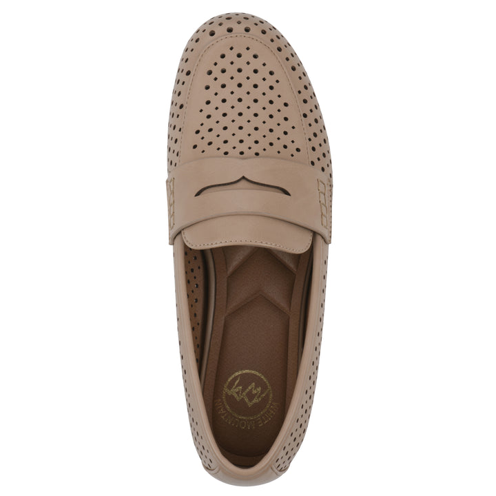 Top view of a beige perforated loafer shoe 