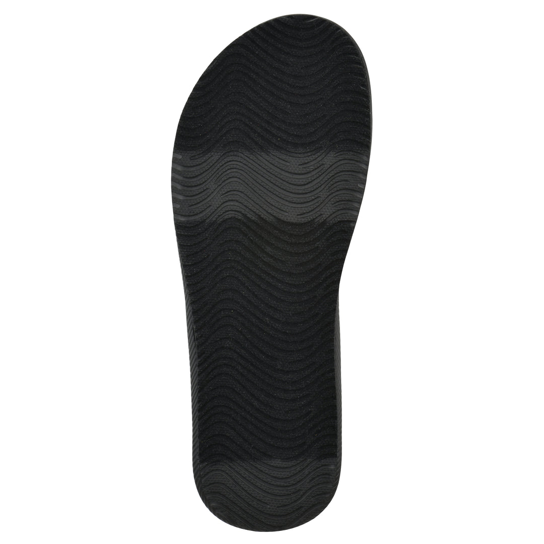 Sole view of a cushioned black fabric thong sandal with black patterned sole