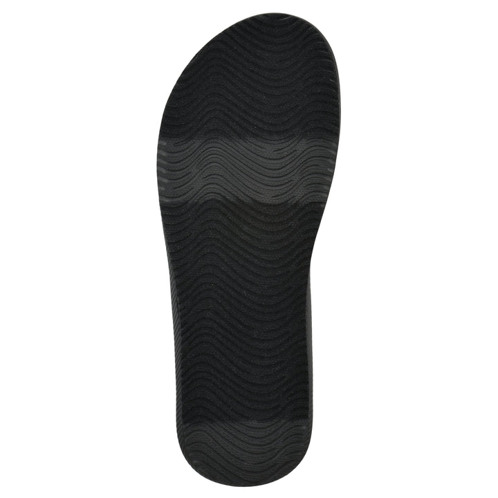 Sole view of a cushioned black fabric thong sandal with black patterned sole