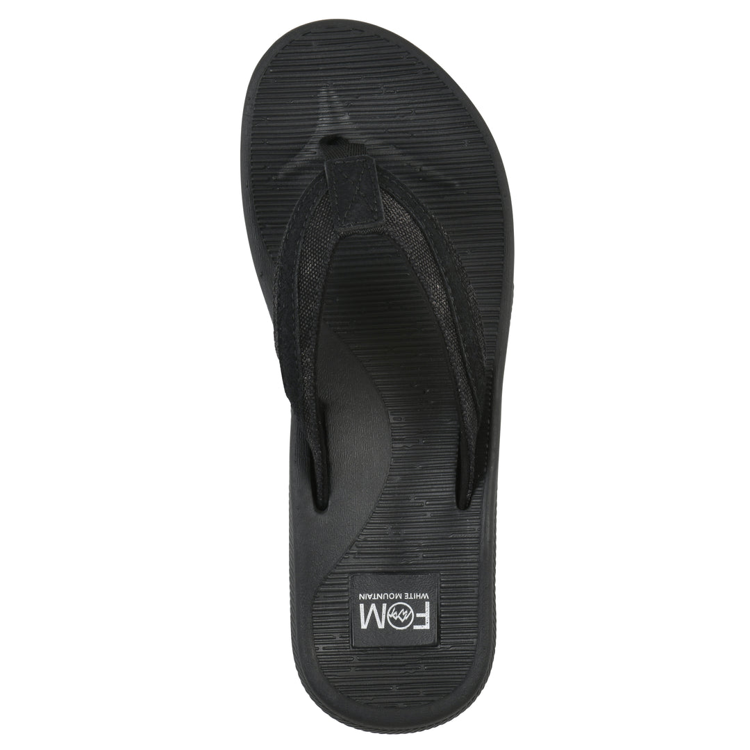 Top view of a cushioned black fabric thong sandal with black patterned sole
