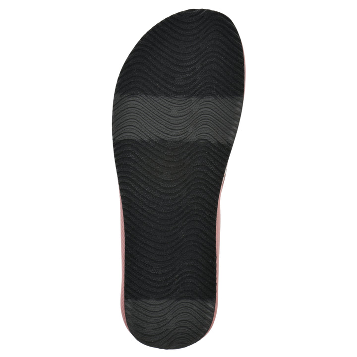 Sole view of a cushioned pink floral thong sandal with pink patterned sole and black bottom
