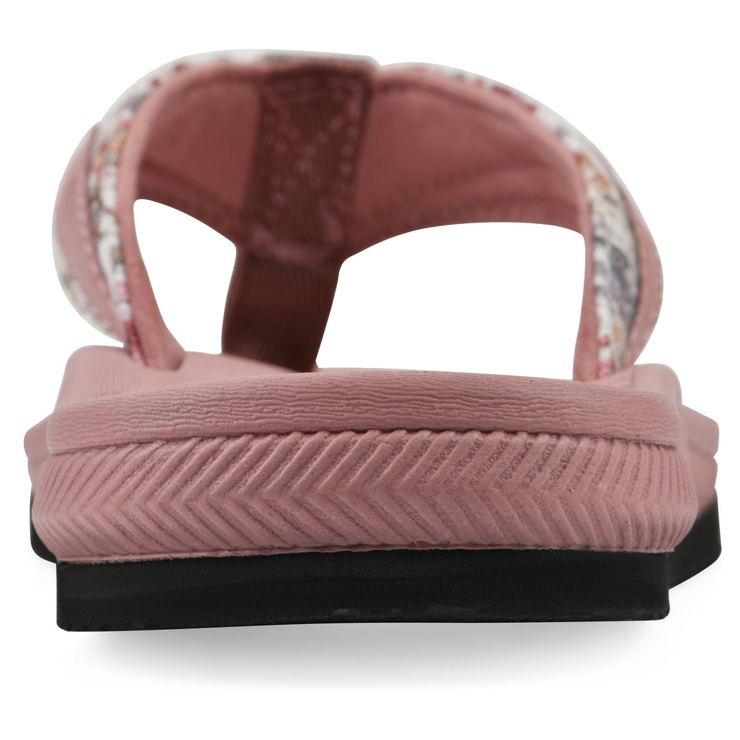 Rear view of a cushioned pink floral thong sandal with pink patterned sole