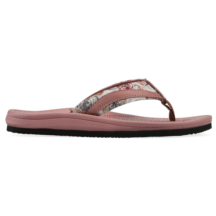 Side view of a cushioned pink floral thong sandal with pink patterned sole