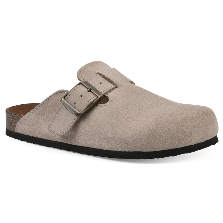 Angle view of a taupe suede children's clog with metal buckle on an adjustable strap, and a brown sole with black bottom