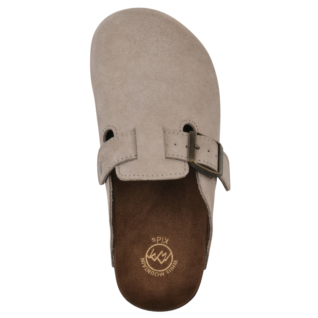 Top view of a taupe suede children's clog with metal buckle on an adjustable strap, and a brown sole with black bottom