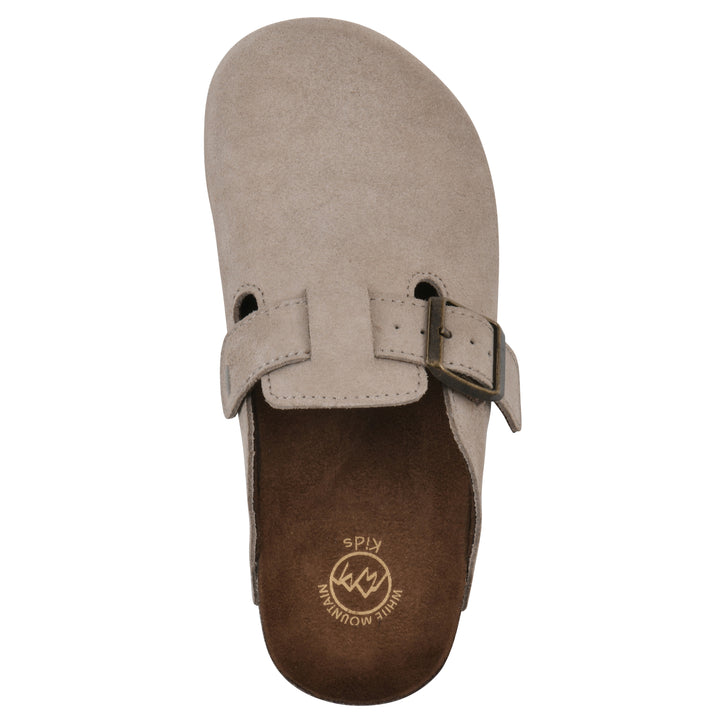 Top view of a taupe suede children's clog with metal buckle on an adjustable strap, and a brown sole with black bottom